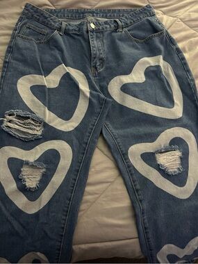 Heart Print Distressed Blue Denim Jeans